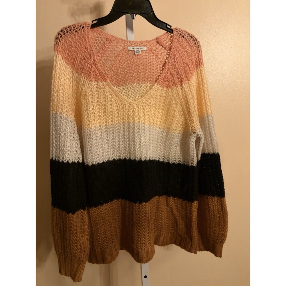Women American Eagles M Earth Tone Colorblock Open Knit Pullover Sweater V Neck